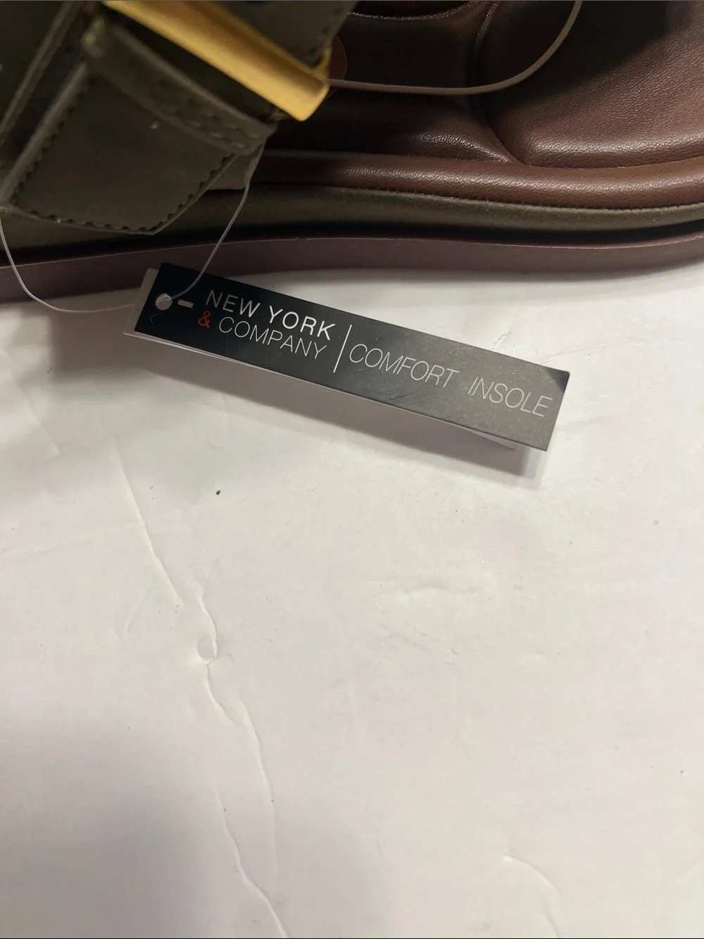 New York & Company Olive Green and Brown Thong Sandals with Gold Accents